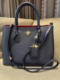 Prada Saffiano Cuir Medium Double Bag, Gray (Marmo)  Large leather  handbags, Bags, Red leather handbags