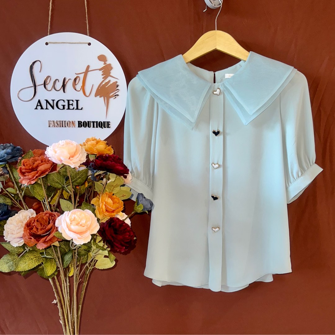 Sage Korean look blouse, Fesyen Wanita, Pakaian Wanita, Atasan di Carousell