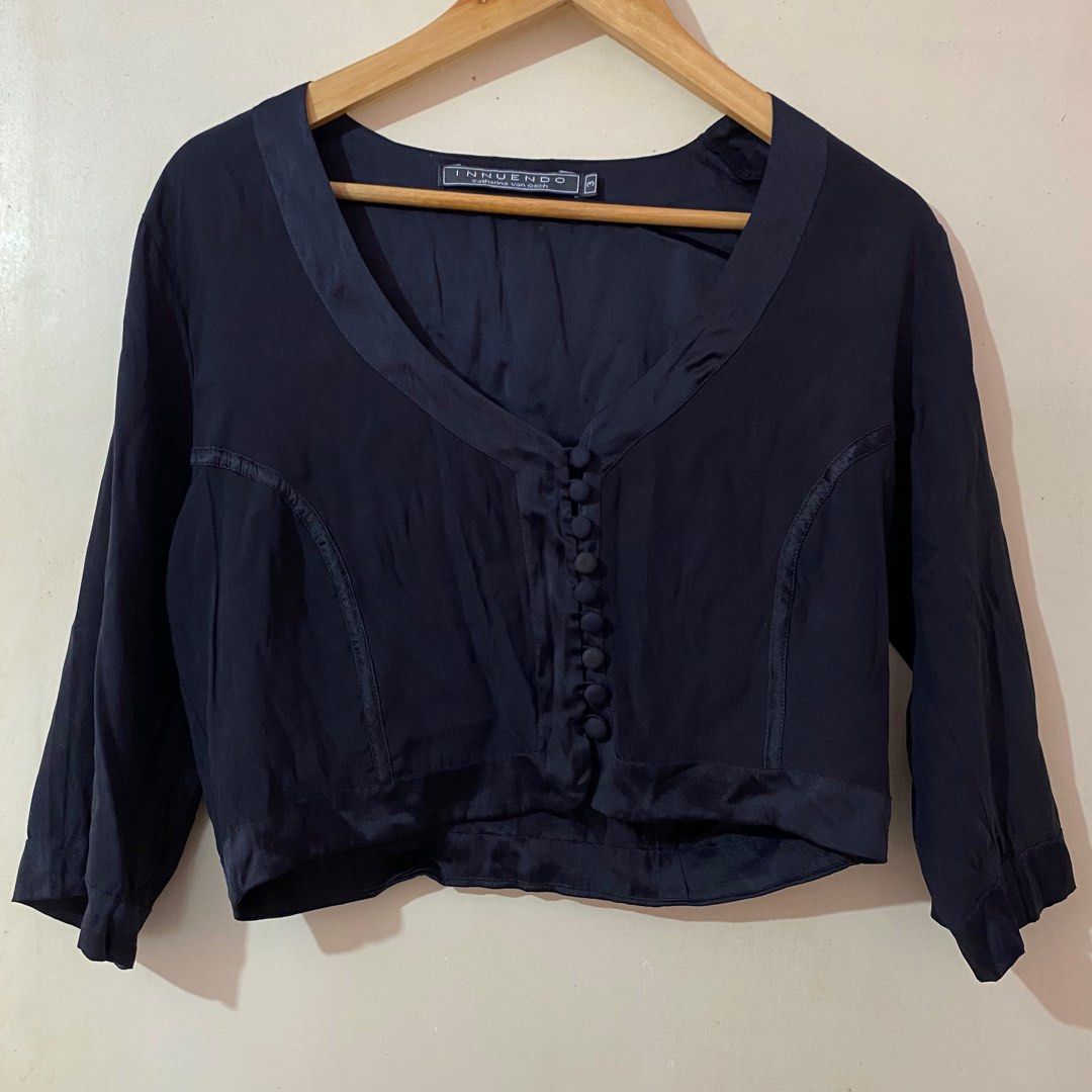 Satin Fabric Black 3/4 top, Women's Fashion, Tops, Longsleeves on Carousell