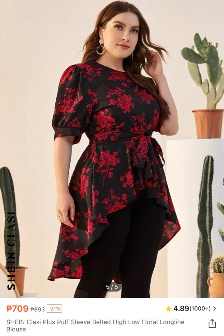 Shein Curve Plus size Longback Black and red floral blouse/top