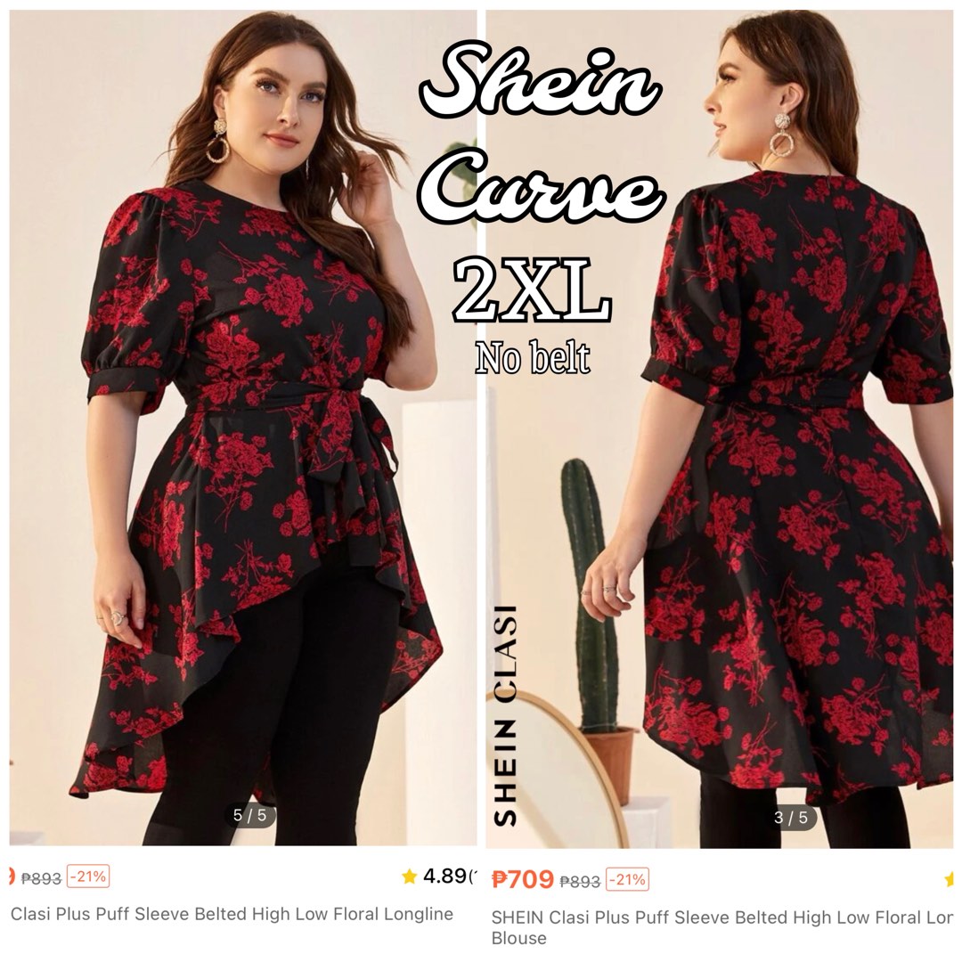 Black floral shein curve long sleeve blouse top shirt women's size