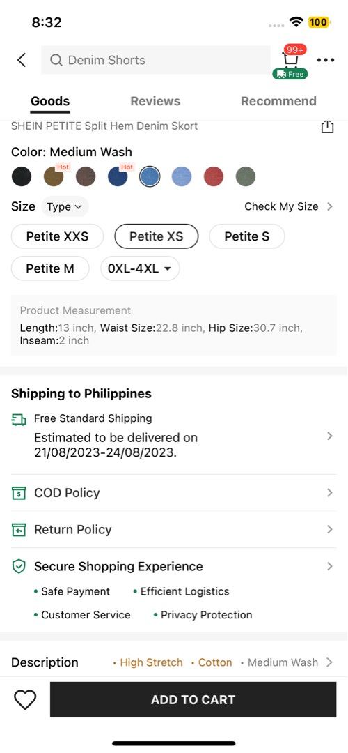 Shein Denim Shorts (Category: Shorts) located in Binan City. Submitted by rdeclutter (Listing ID 1248667576, Image 3). Description: Orig price in the app 536php Waist: 22-24, Stretchable Never used Rfs: too tight on me .