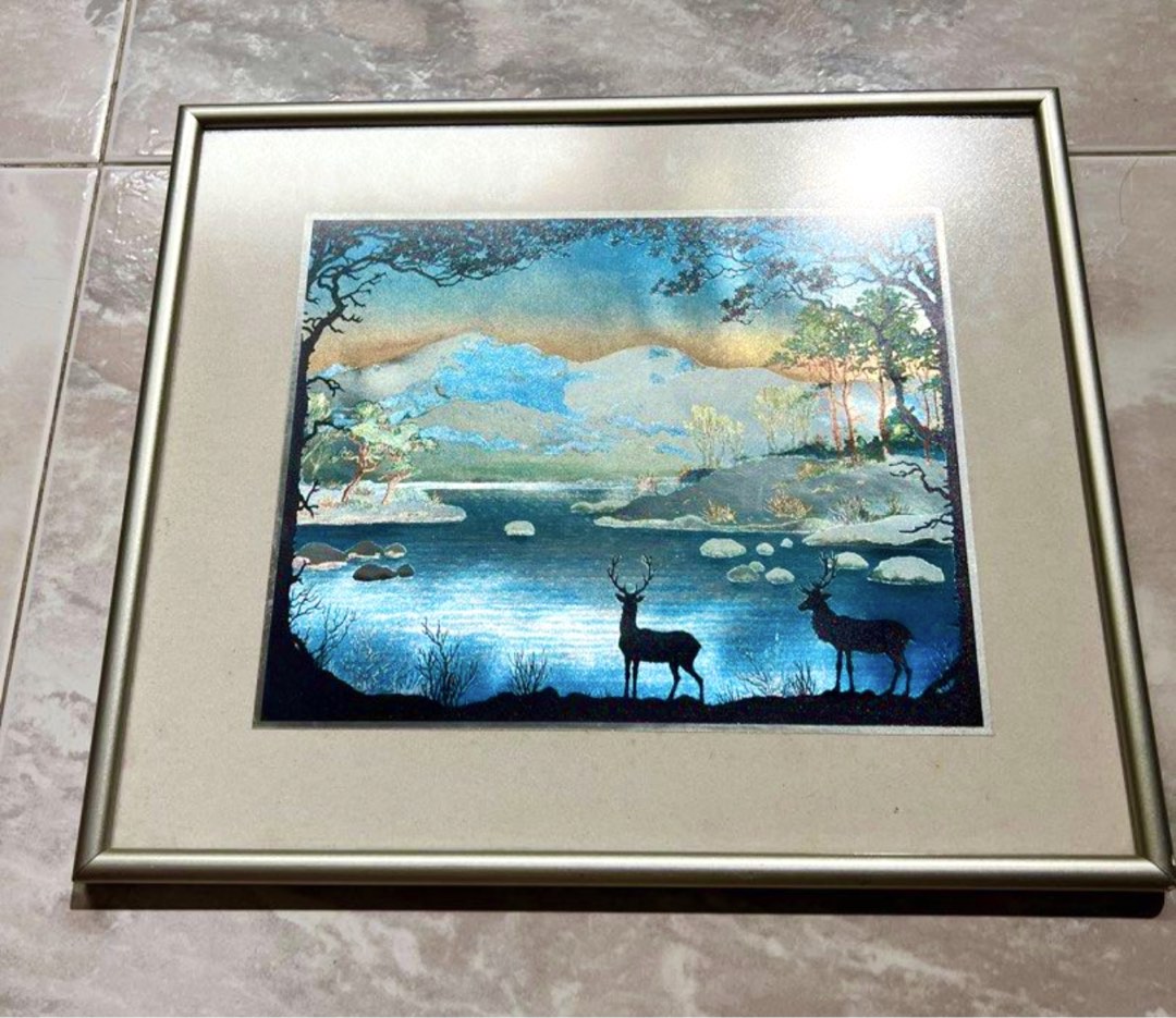 Shiny 'Deers In Enchanting Paradise' Painting (38 X 31 cm), Furniture   Home Living, Home Decor, Frames  Pictures on Carousell