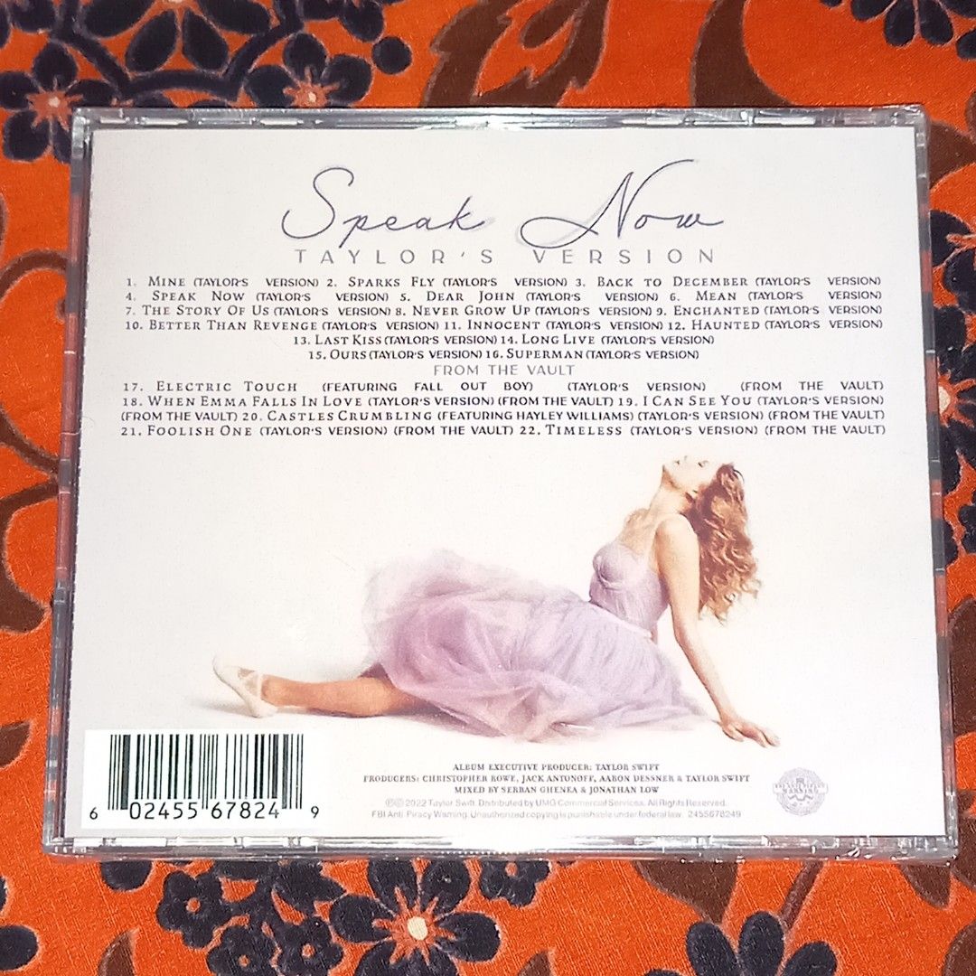 Taylor swift speak now (Category: CDs & DVDs) located in Quezon City. Submitted by collectiblespopupshop (Listing ID 1248711058, Image 2). Description: TAYLOR SWIFT - Speak Now TV :Taylor's Version DELUXE [2 CD] Format: CD Label: Taylor Swift/Republic Records Rel. Date: 07/07/2023 UPC: 602455678249 MADE IN USA 1,050 PESOS ONLY DISC: 1 1. Mine (Taylor's Version) 2. Sparks Fly (Taylor's Version) 3. Back to December (Taylor's Version) 4. Speak Now (