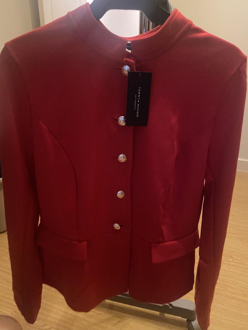 Tommy Hilfiger top (Category: Coats, Jackets and Outerwear) located in Quezon City. Submitted by dveee (Listing ID 1248846484, Image 2). Description: Tommy Hilfiger Brandnew Top Suit Blazer Size 8 Red color Medium built Measurements in the picture pls check soft fabric with Gold accent buttons.