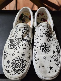 Vans Custom LV reflective Checkered Print Slip On Shoes Tan Size