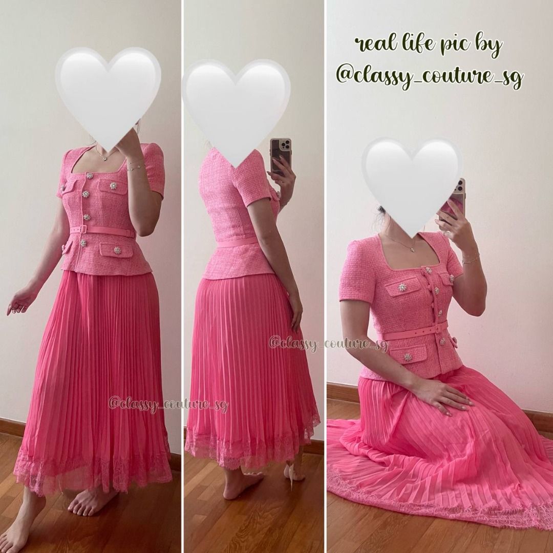 Self Portrait Pink Boucle Chiffon Midi Dress Women s Fashion Dresses Sets Dresses on Carousell