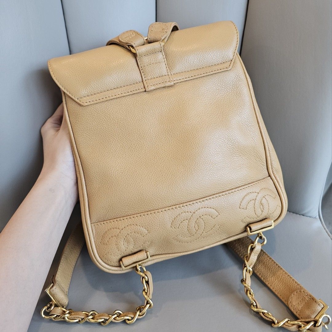VINTAGE CHANEL SMALL TRIO CC BACKPACK BEIGE CAVIAR BAGPACK BAG BACK PACK 24K GHW GOLD HARDWARE duma black caramel brown dark lambskin