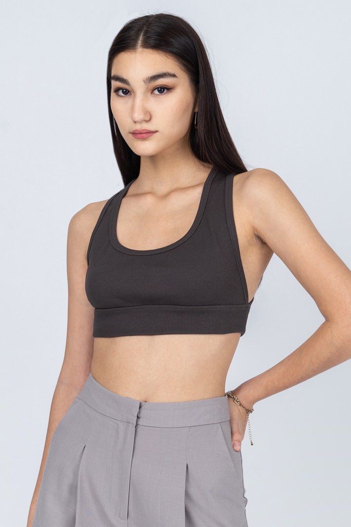 ANNETTE REVERSIBLE PADDED RIBBED TOP - CROPPED (GUNMETAL)