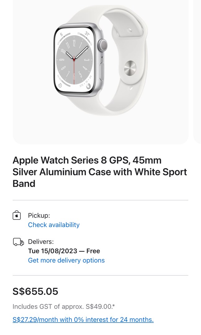 Apple Watch Series 8 GPS 45mm Silver Aluminum with White Sport