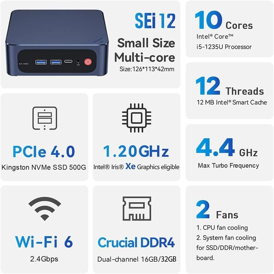 Beelink SER5 Mini PC, Mini Computers with AMD Ryzen 5 5560U, 6C/12T, 16G  DDR4+500GB NVMe M.2 2280 SSD, 1000Mbps, WiFi 6, BT 5.2, DP, HDMI, Type-C