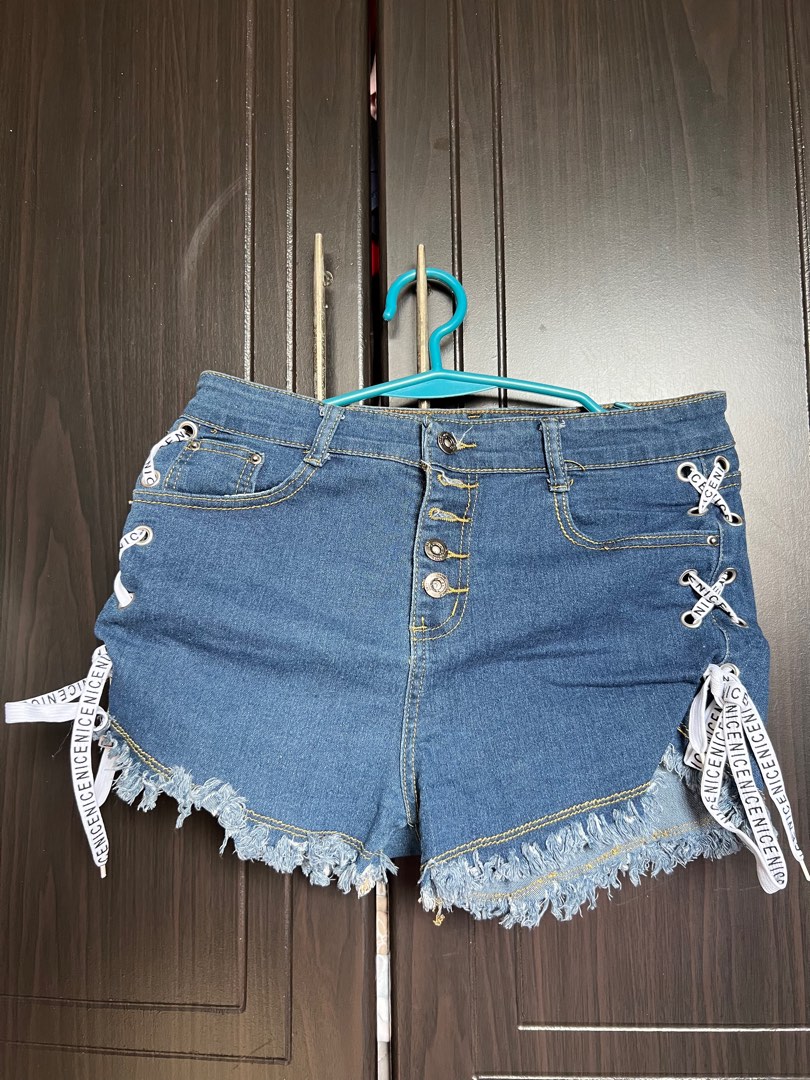 BRAND NEW Denim Jean Short with Strings Designs on the side, Women's