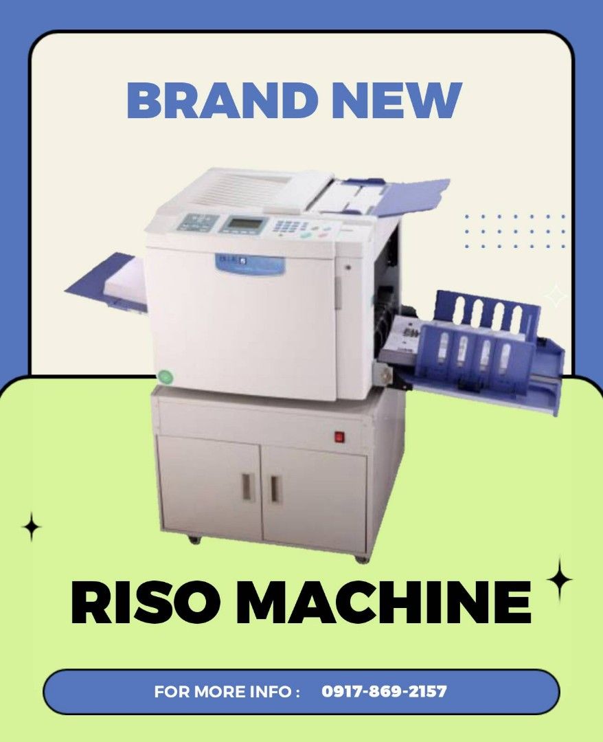 BRAND NEW RISO PRINTER MACHINE (Category: Printers, Scanners & Copiers) located in Quezon City. Submitted by jcakinto (Listing ID 1249033388, Image 1). Description: BRAND NEW RISO PRINTER MACHINE CONTACT US: 0917-869-2157.