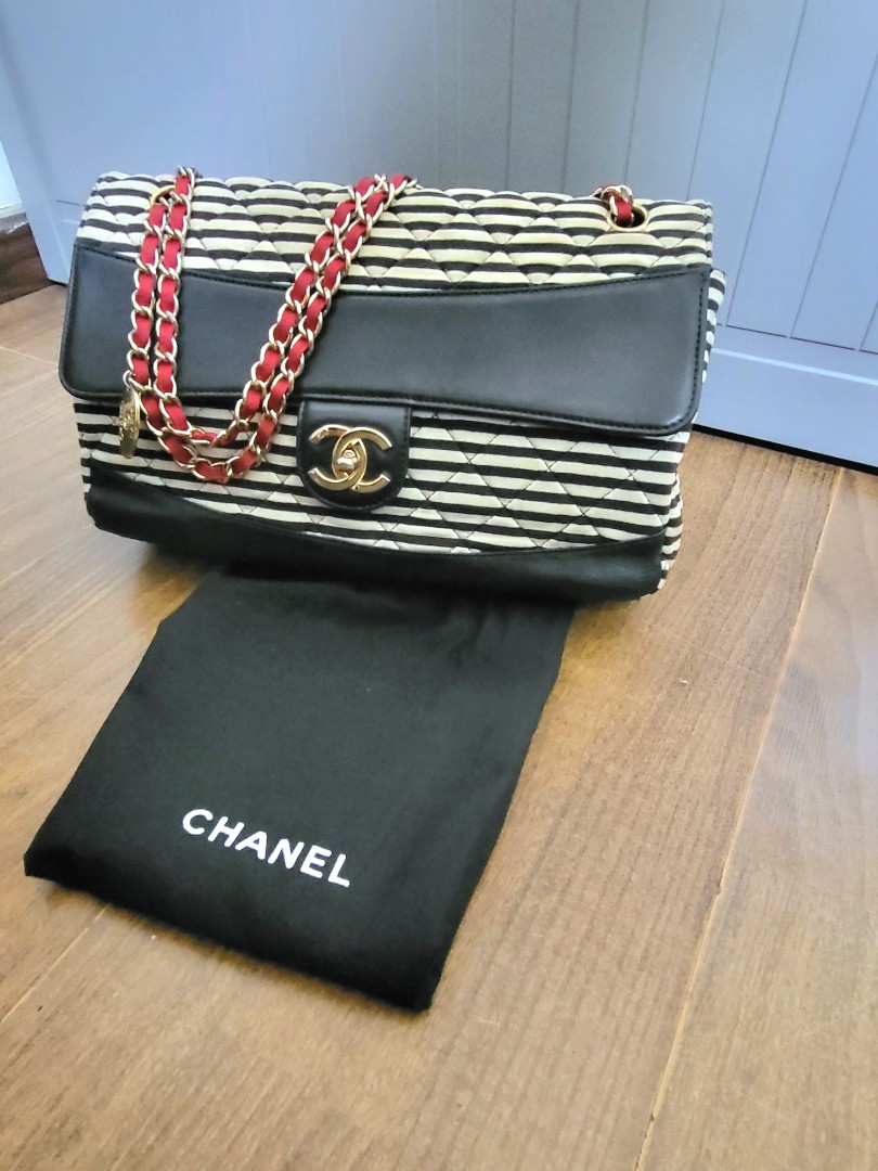 Chanel Striped Jersey Leather Jumbo Coco Nautical Flap Bag, Luxury