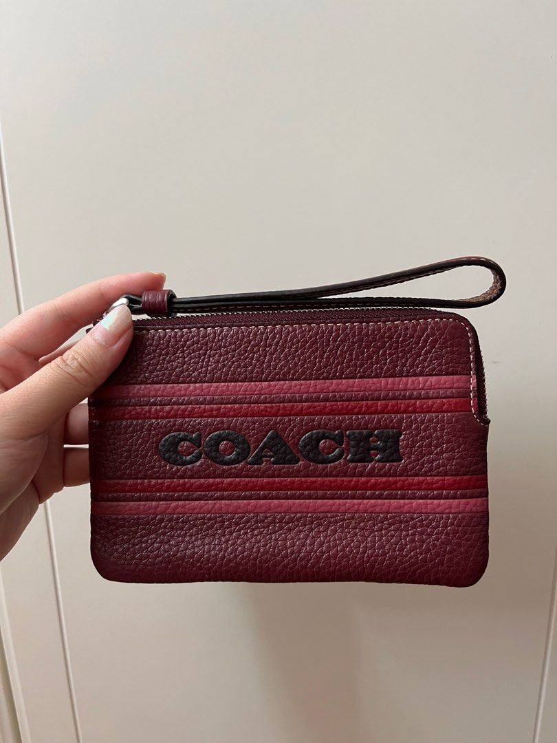 Coach Brown Cream Canvas Red Leather Wallet Wristlet Purse 