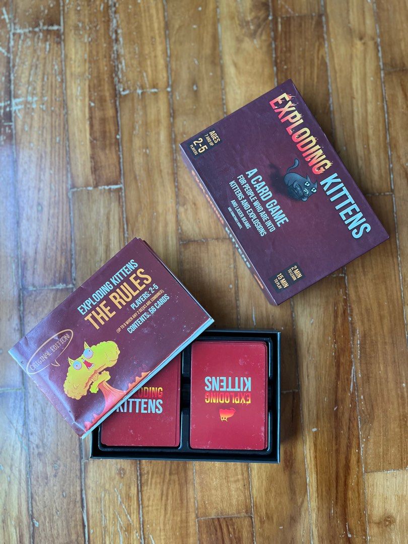 Exploding Kittens!!! (Category: Board Games & Puzzles) located in Singapore. Submitted by muscularglen (Listing ID 1248890871, Image 3). Description: If you’re a cat lover, look away now. A nasty game predicated on the combustion of innocent felines. As an animal lover myself, I have decided to move it on to someone more cruel and sadistic than myself. Condition is delightful as I’ve only played it twice..