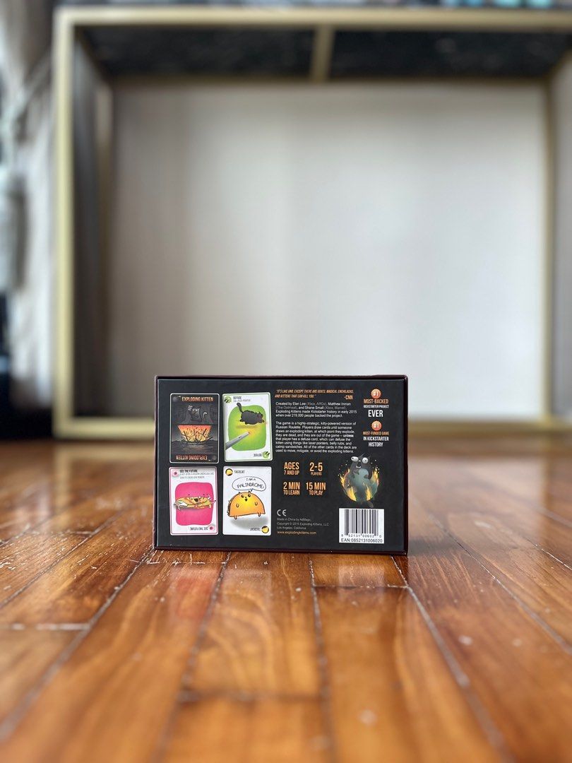 Exploding Kittens!!! (Category: Board Games & Puzzles) located in Singapore. Submitted by muscularglen (Listing ID 1248890871, Image 2). Description: If you’re a cat lover, look away now. A nasty game predicated on the combustion of innocent felines. As an animal lover myself, I have decided to move it on to someone more cruel and sadistic than myself. Condition is delightful as I’ve only played it twice..