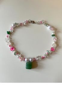 fairycore cottagecore pink and green beaded necklace