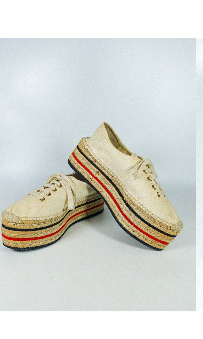 Gucci Espadrille Lace Up Platform in Cream Canvas Sneakers Size 38 EU 24.5cm