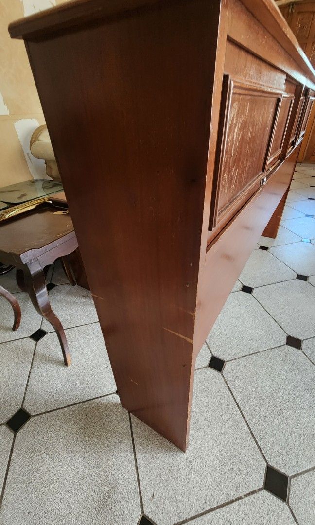 KING SIZE Wooden headrest with sliding cabinets (Category: Shelves, Cabinets & Racks) located in Dasmarinas. Submitted by bzbeezcar0u5el1 (Listing ID 1248909633, Image 3). Description: King size bed wooden headrest with 2 cabinets 2.10 m tall 2.10 m long 0.30 m wide.