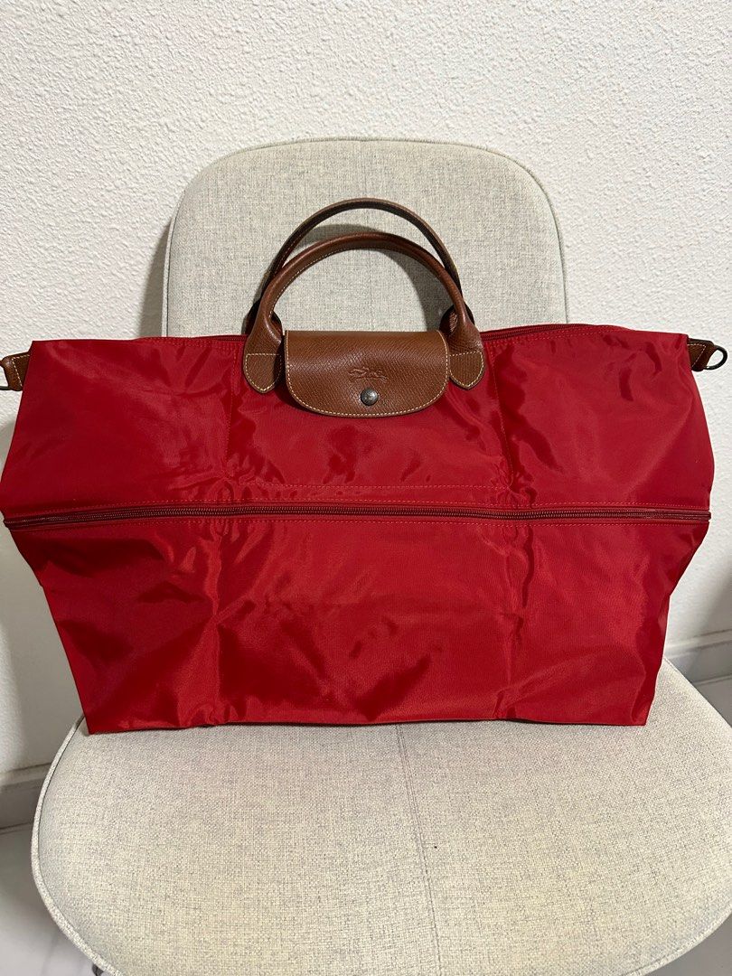 Longchamp Le Pliage Original Expandable Tote Travel Bag NWT Red Leather