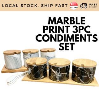 Marble Print Wooden Ceramic Jar Kitchen Cooking Condiments Set Home Decor
