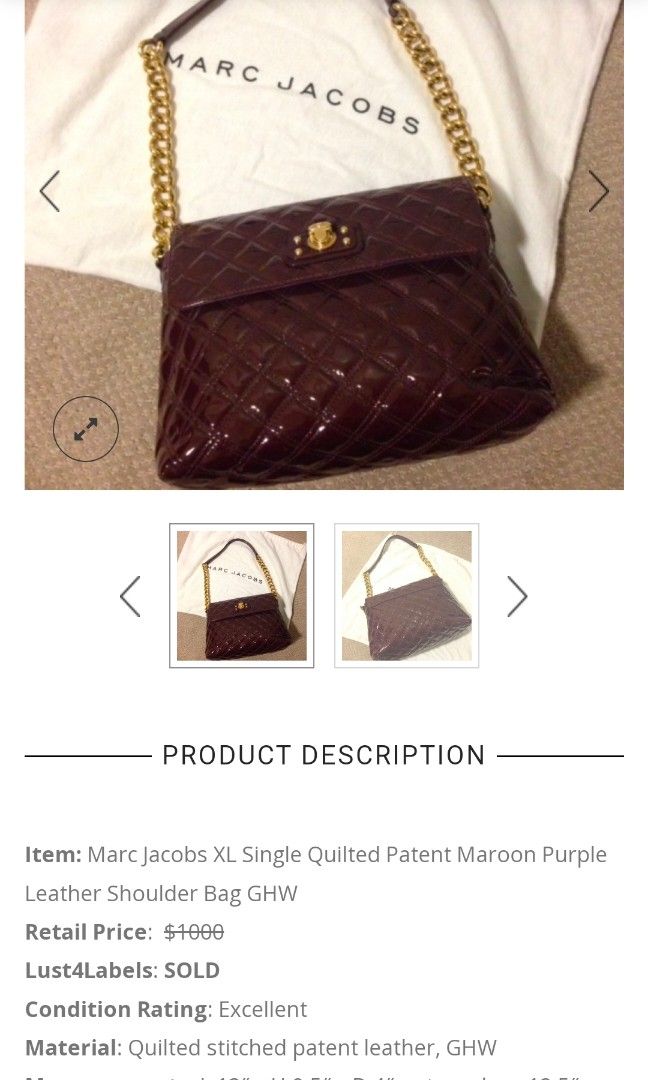 $1000 Marc Jacobs XL Single Quilted Patent Maroon Purple Leather Shoulder  Bag GHW - Lust4Labels
