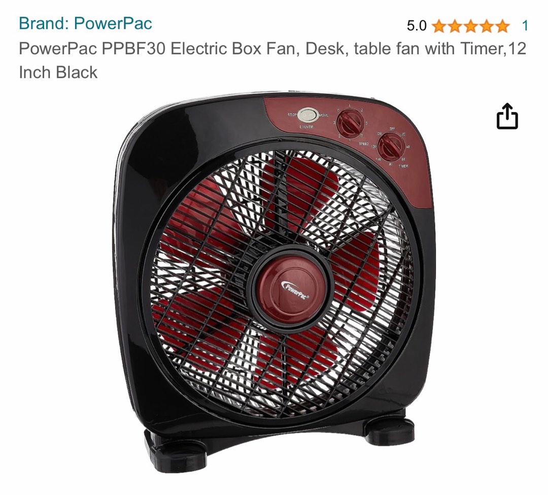 PowerPac PPBF30 Electric Box Fan, Desk, table fan with Timer,12 Inch Black, Furniture & Home