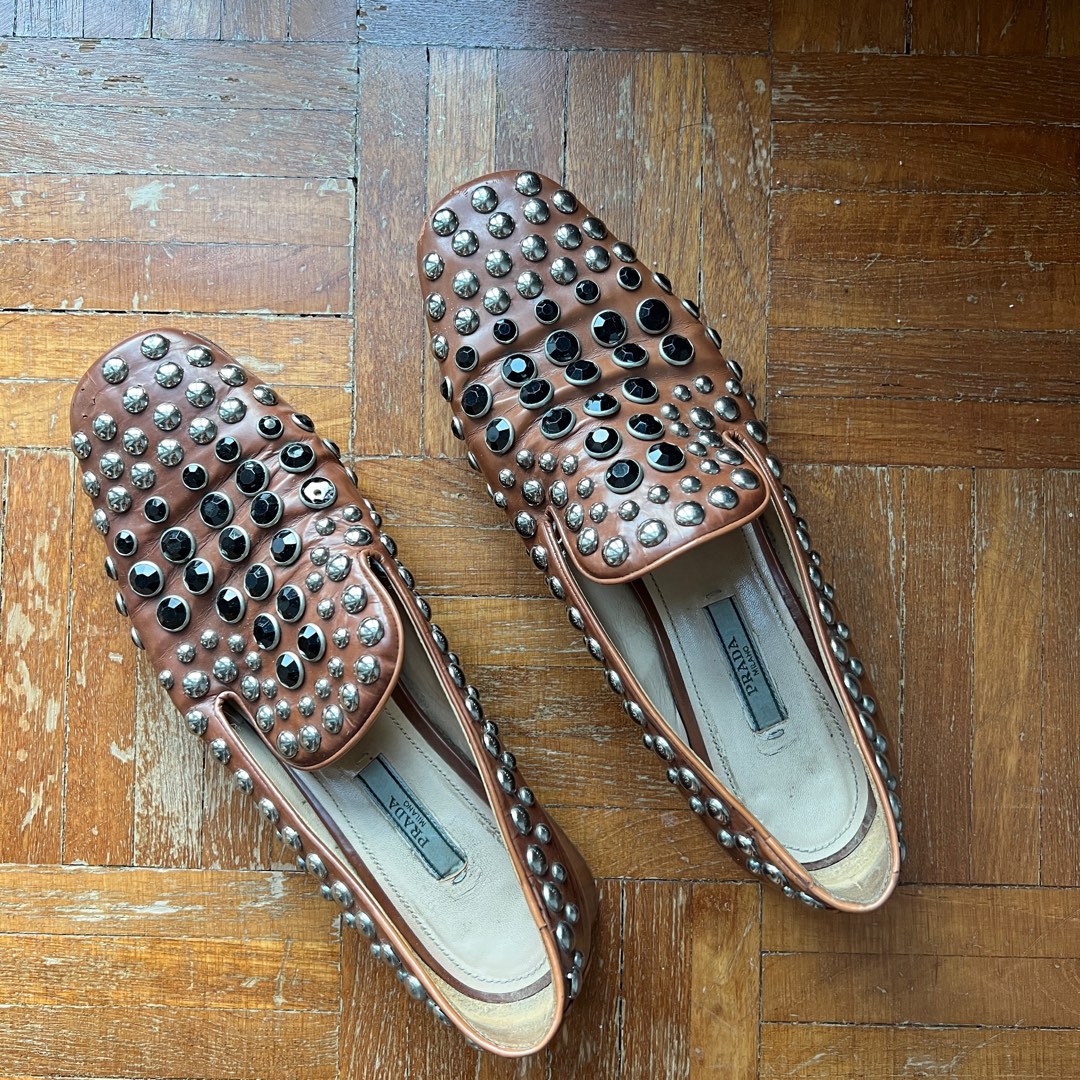 Prada Studded Brown Leather Loafers Women s Fashion Footwear