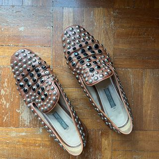 Prada Studded Brown Leather Loafers