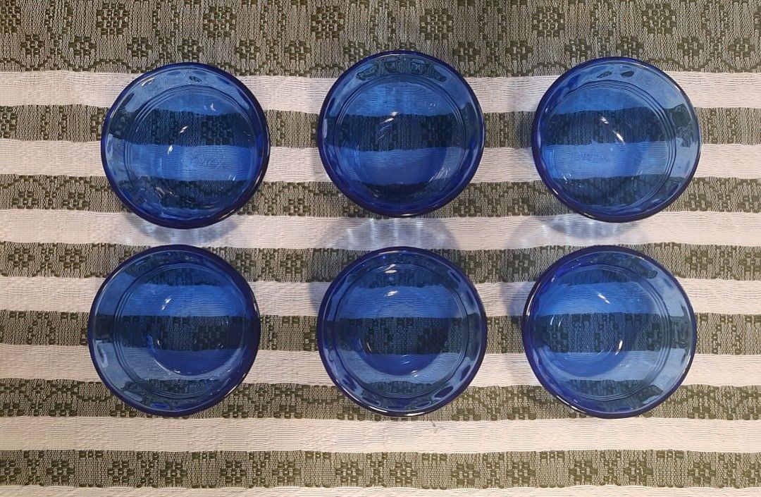 Pyrex Custard Cups (Category: Cookware & Accessories) located in Pasig City. Submitted by mamasfinds (Listing ID 1248967198, Image 3). Description: Vintage Cobalt Blue Pyrex Custard Cups. Take all 6 pcs for 950.00 size: 4" diameter X 2" ht.