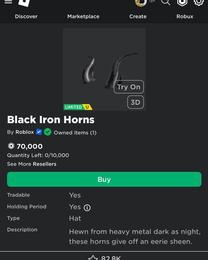 Roblox Limited Black Iron Horns, Video Gaming, Gaming Accessories, In