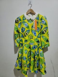 韓版翻領連衣長袖短裙黃底綠花色s