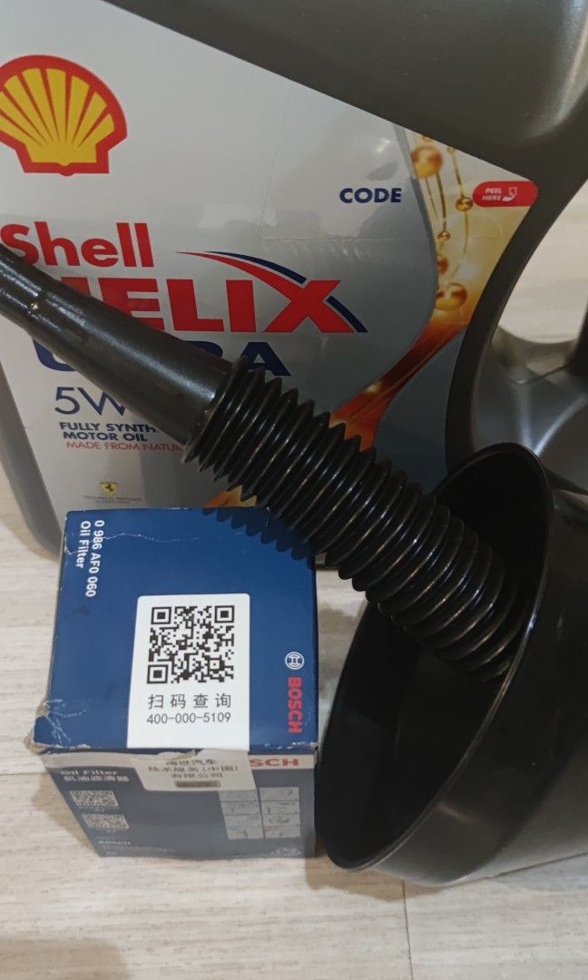 Shell helix ultra 5W40, BOSCH oil filter 09860AF0060 l, funnel, Car ...