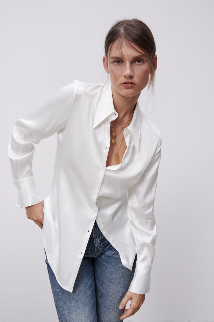 Authentic Zara white satin top, Women's Fashion, Tops, Shirts on Carousell