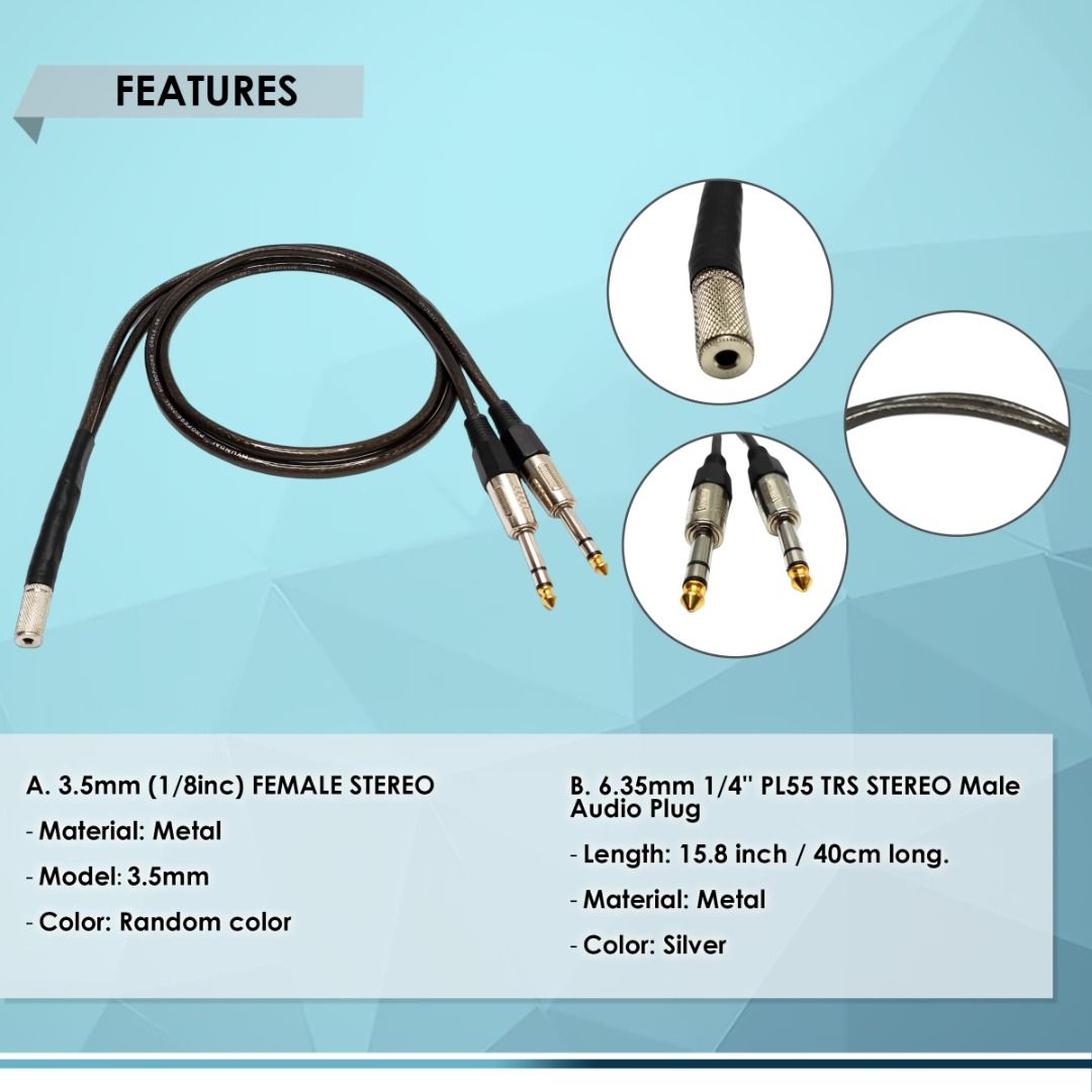 3.5mm FEMALE TRS STEREO to 2x6.35mm MALE PL55 TRS STEREO, BEST FOR ...