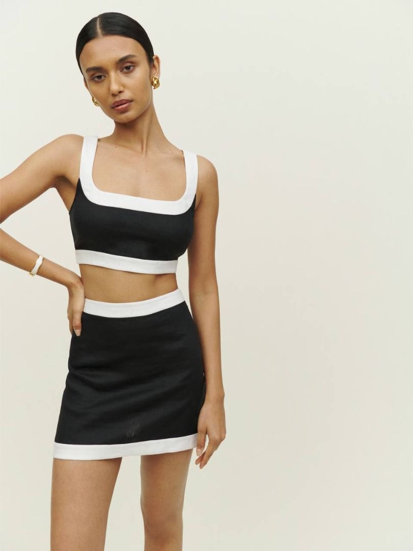 Reformation Robbie Linen Two Piece in Black White Crop Top