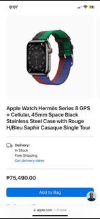 Apple Watch Hermès Series 8 GPS + Cellular, 45mm Space Black Stainless Steel Case with Rouge H/Bleu Saphir Casaque Single Tour