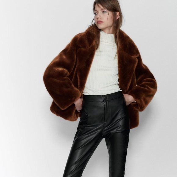 Zara brown 2025 faux fur jacket