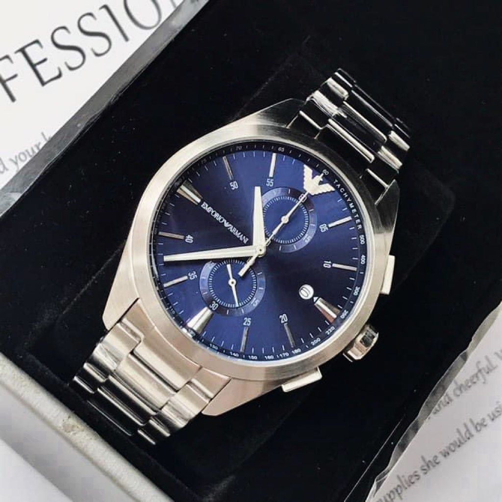 EMPORIO ARMANI 藍面銀色鋼帶雙眼計時男錶AR11541, 他的時尚, 手錶及配件, 手錶在旋轉拍賣