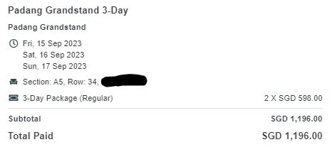 F1 Singapore Padang Grandstand 3 Day Tickets (2 available side by side