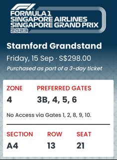 1 x Formula 1 Singapore Grand Prix Sunday Ticket, Tickets & Vouchers ...