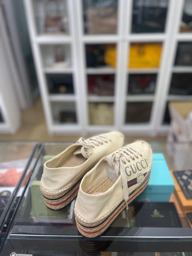 Gucci Espadrille Lace Up Platform in Cream Canvas Sneakers