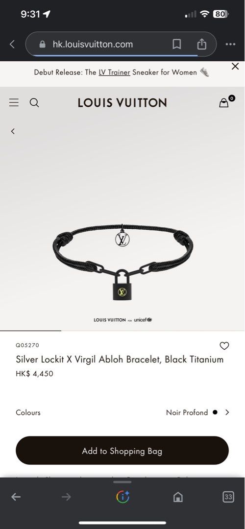 LV Silver Lockit x Virgil Abloh Bracelet, Natural Titanium, Black, One Size
