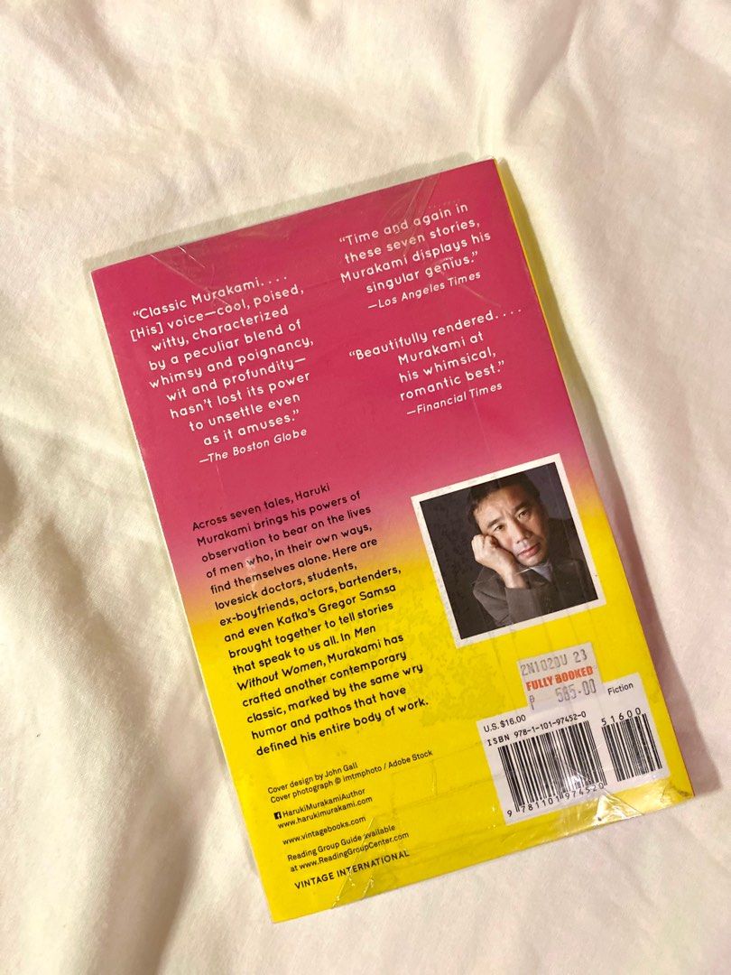 Men Without Women by Haruki Murakami (Category: Storybooks) located in Manila. Submitted by sanerr (Listing ID 1249203101, Image 2). Description: Selling Men Without Women by Haruki Murakami. Still in plastic cover (with tag) from Fully Booked. 🫧 This was bought when books were cheaper so selling for the same price as indicated on the tag! Can sell for lower, DM me for last price :) Please read before buying! - Can only ship in Metro Manila (or 