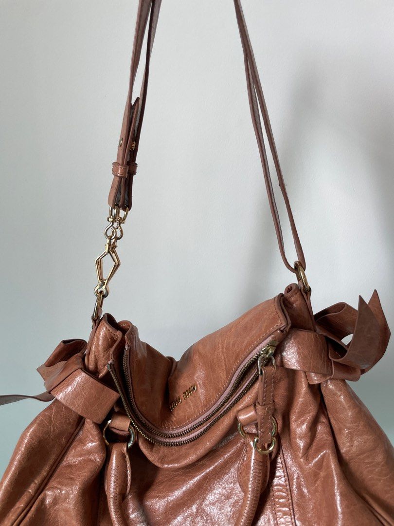 Brown Miu Miu Vitello Lux Bow Satchel Handbag – Designer Revival