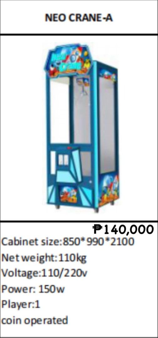 NEO CRANE A CLAW MACHINE (PREORDER) (Category: Designer & Blind Box Toys) located in San Pablo. Submitted by wrbreyestrading (Listing ID 1249137460, Image 1). Description: NOTE: ⦁ AVAILABLE ON PRE-ORDER BASIS ⦁ MINIMUM OF PHP 5,000 DOWN PAYMENT/RESERVATION ⦁ ETA: 45-60 DAYS UPON RESERVATIONS For inquiries, message me directly. We accept Credit and Debit cards. VISIT OUR STORES NEAR YOU! SAN PABLO LAGUNA BRANCH 📍 584 Mariflor Subdivision, (Left S