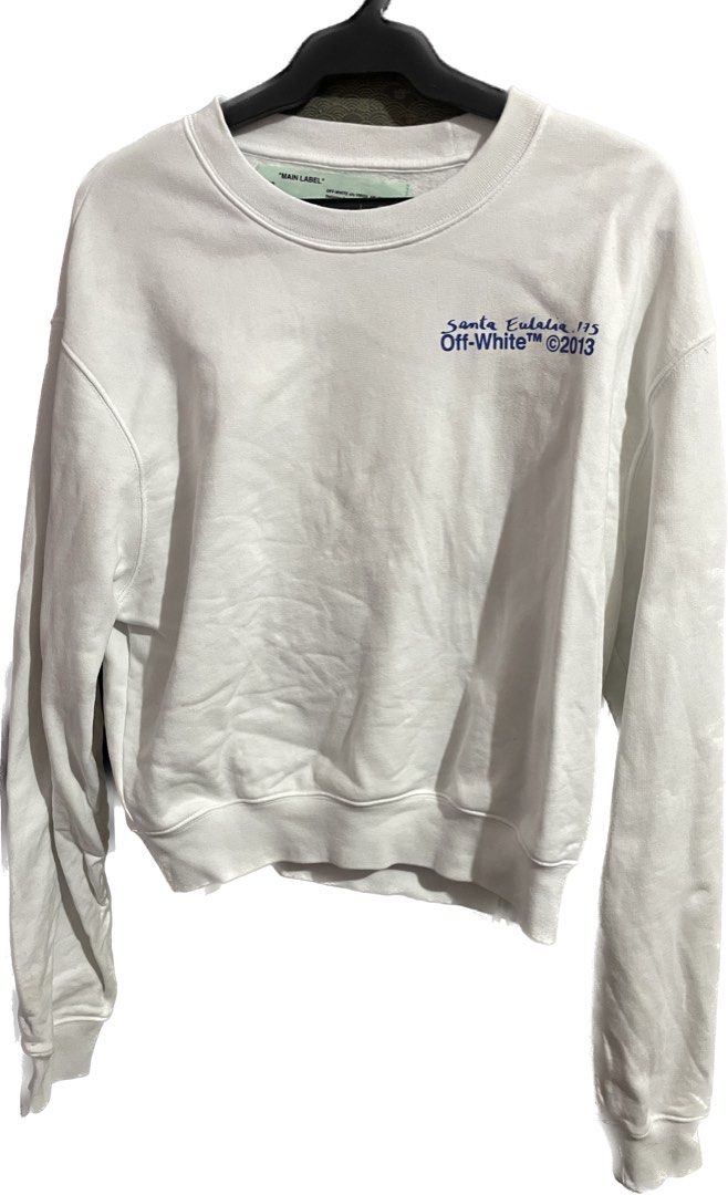 RARE! OFF-WHITE c/o Virgil Abloh Santa Eulalia Sweater (Category: Luxury Apparel) located in Quezon City. Submitted by kittykat963 (Listing ID 1249245421, Image 1). Description: selling for low! authentic off-white. size S just needs ironing rarely touched, only been in storage a few years stitching is still good as you can see in the pics, just a few casual wear n tear very minor stain on the sleeve that can’t even be seen in the pictures (can b