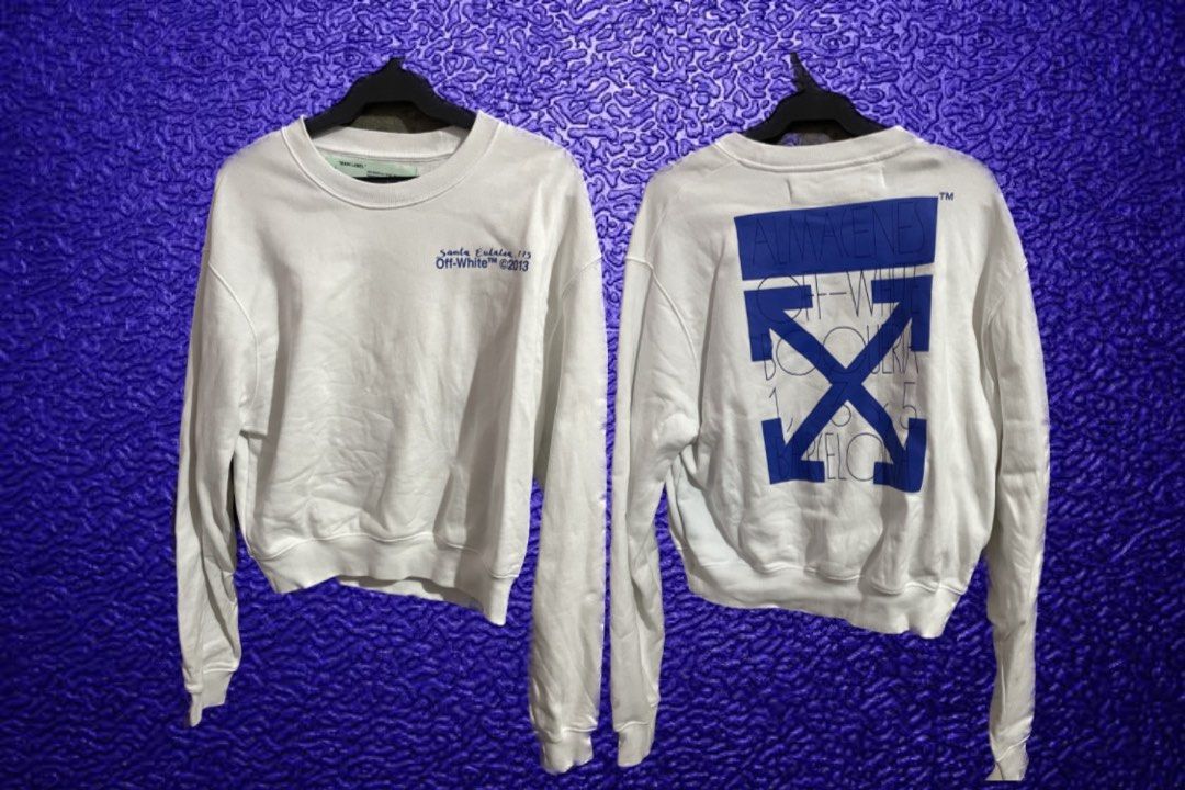 RARE! OFF-WHITE c/o Virgil Abloh Santa Eulalia Sweater (Category: Luxury Apparel) located in Quezon City. Submitted by kittykat963 (Listing ID 1249245421, Image 2). Description: selling for low! authentic off-white. size S just needs ironing rarely touched, only been in storage a few years stitching is still good as you can see in the pics, just a few casual wear n tear very minor stain on the sleeve that can’t even be seen in the pictures (can b