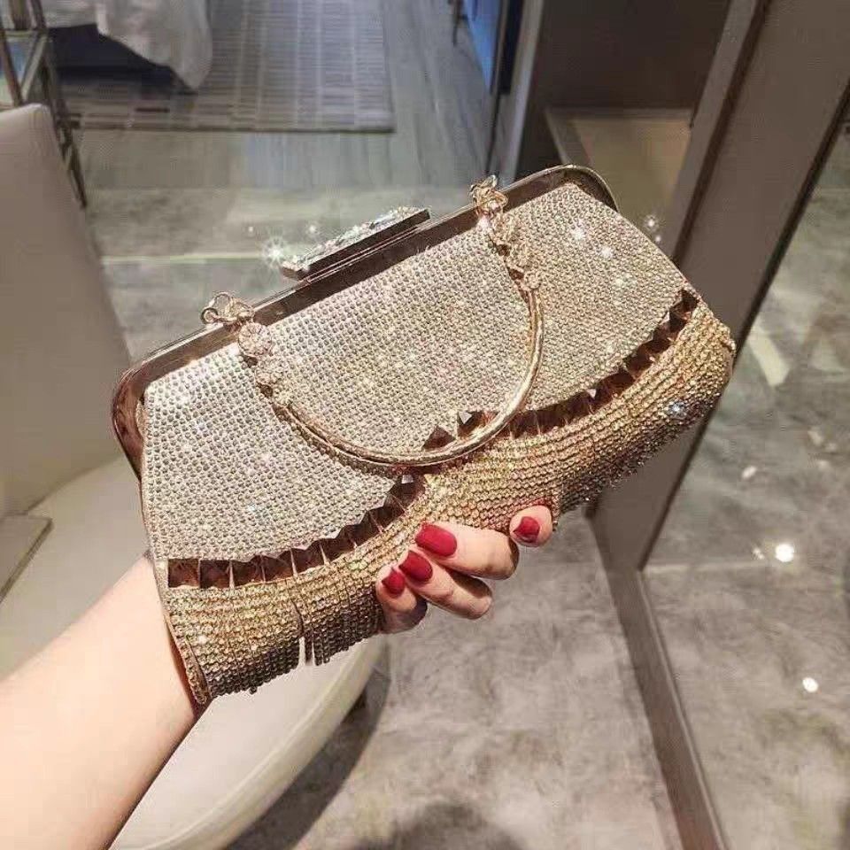 Readystock Gold Luxury Dinner Tassel Diamond Clutch Wedding Party